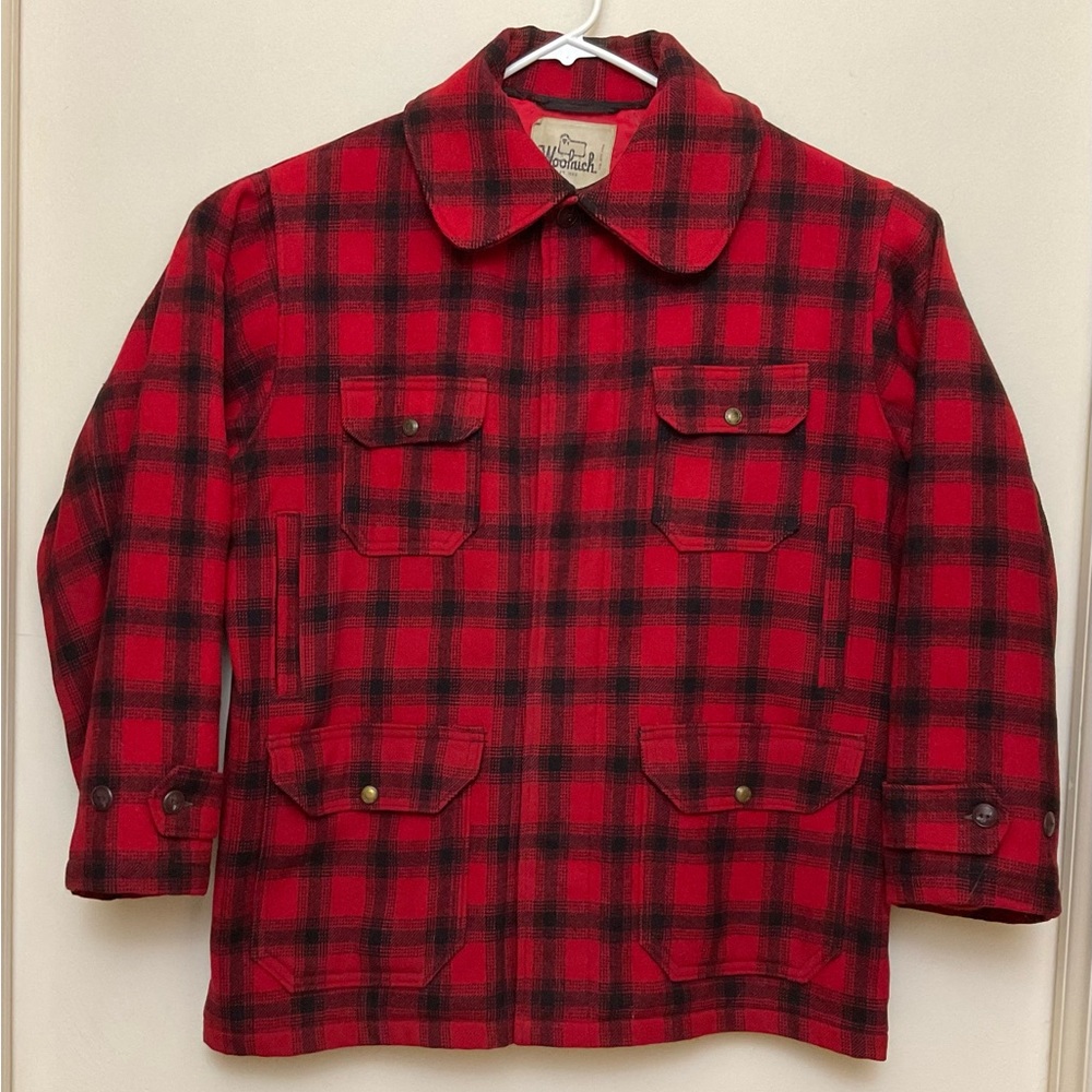 Woolrich Vintage 🌲 Red Buffalo Plaid Hunting Jacket Wool Field Coat Sz 44 / Lg